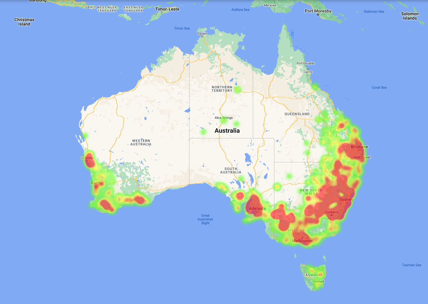Heat map of Australia for rat and rodent sightings
